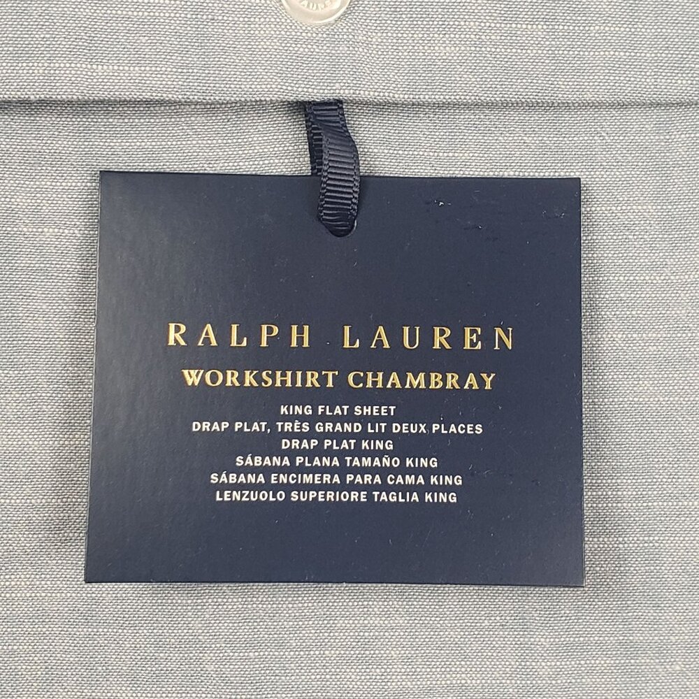 Ralph Lauren Workshirt Chambray King Flat Sheet Blue Luxury Bedding, 114"x108" - Picture 2 of 16